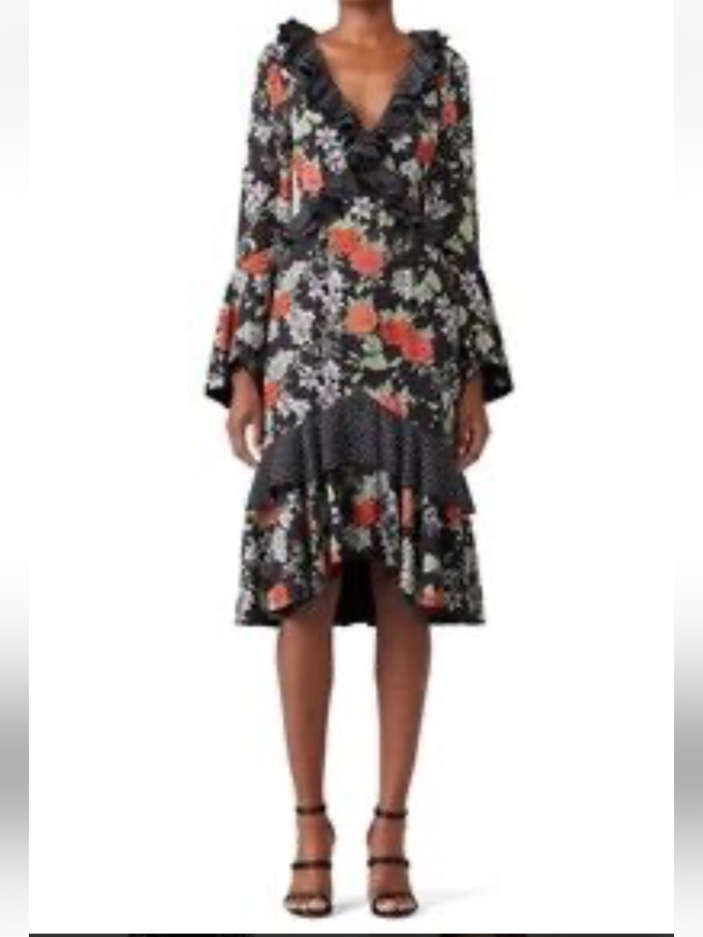 Finders Keepers Black Floral polka dot ruffle trim Astral midi Dress - Picture 3 of 9